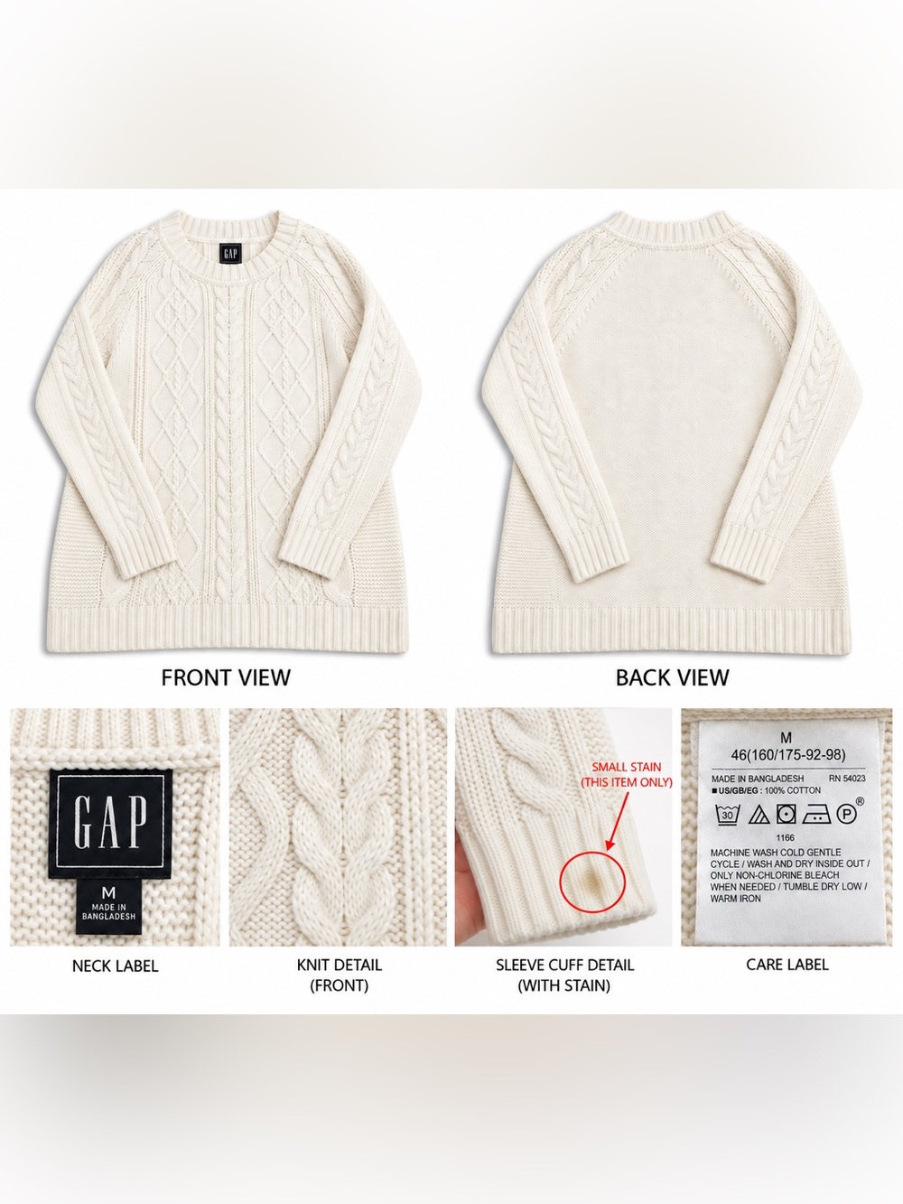 GAP Women’s Medium Ivory Cable Knit Mock Neck Sweater 100% Cotton